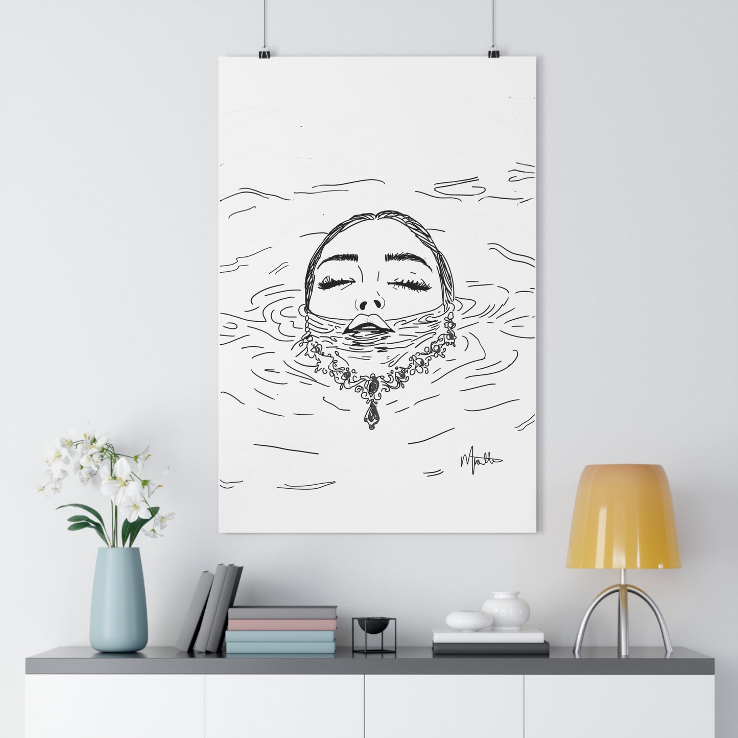 Sink or Swim Illustration Woman and Necklace Floating in Water Art Print - The Mood Room By Viddy Pop Art Prints