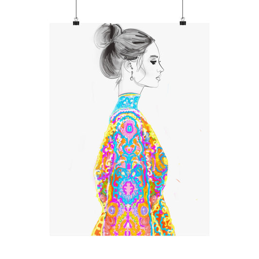 Kara Greyscale with Bright Colorful Detailed  Embroidered Jacket Fashion Illustration Art Print