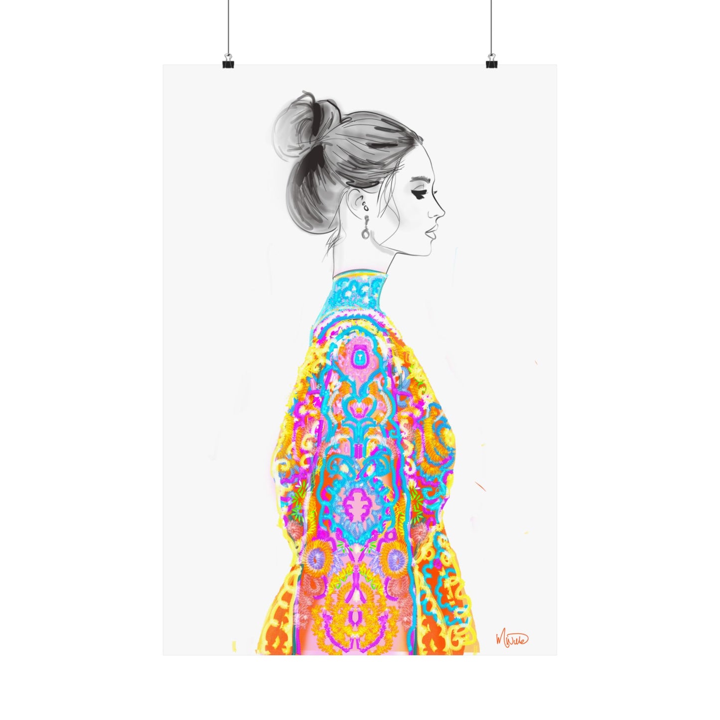 Kara Greyscale with Bright Colorful Detailed  Embroidered Jacket Fashion Illustration Art Print