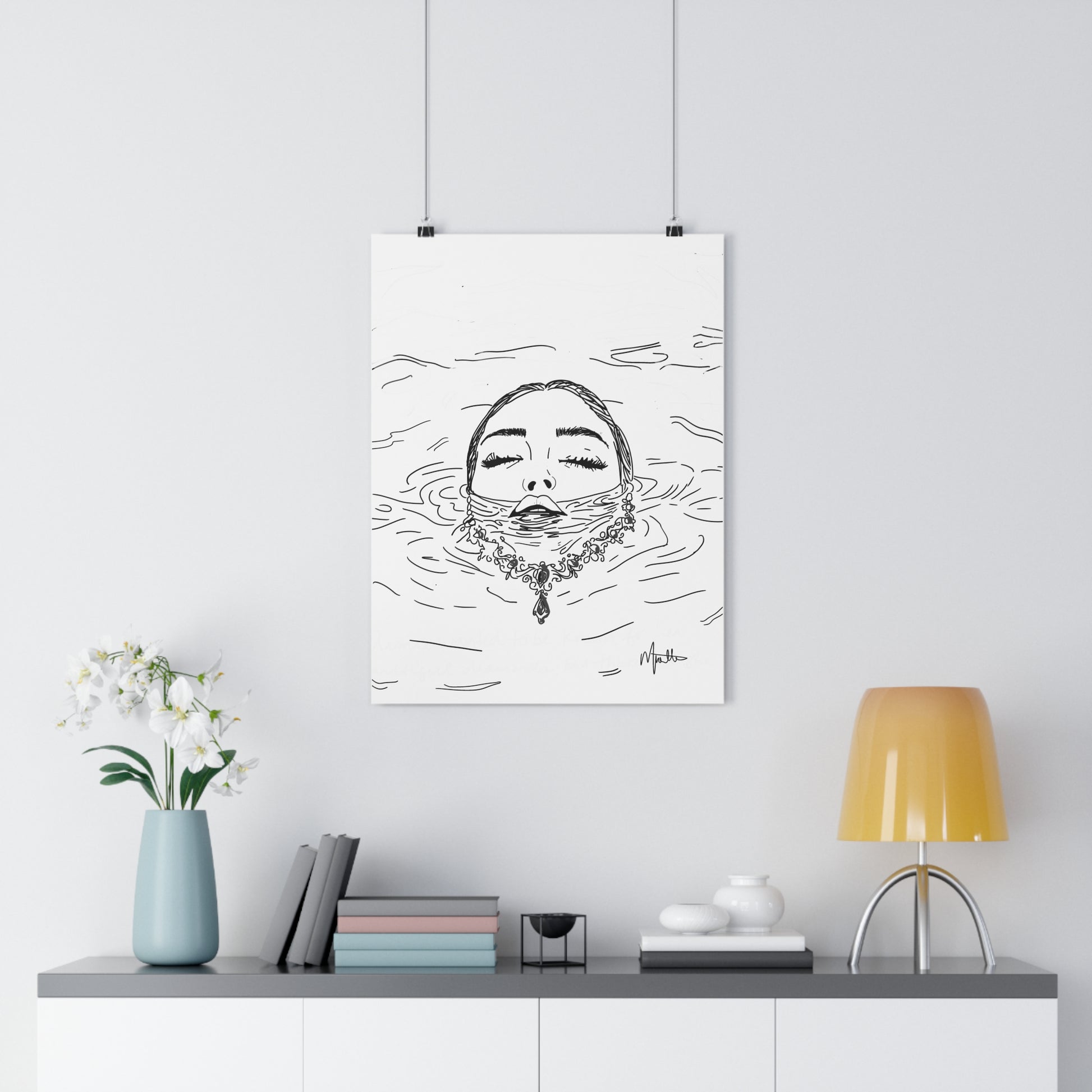 Sink or Swim Illustration Woman and Necklace Floating in Water Art Print - The Mood Room By Viddy Pop Art Prints